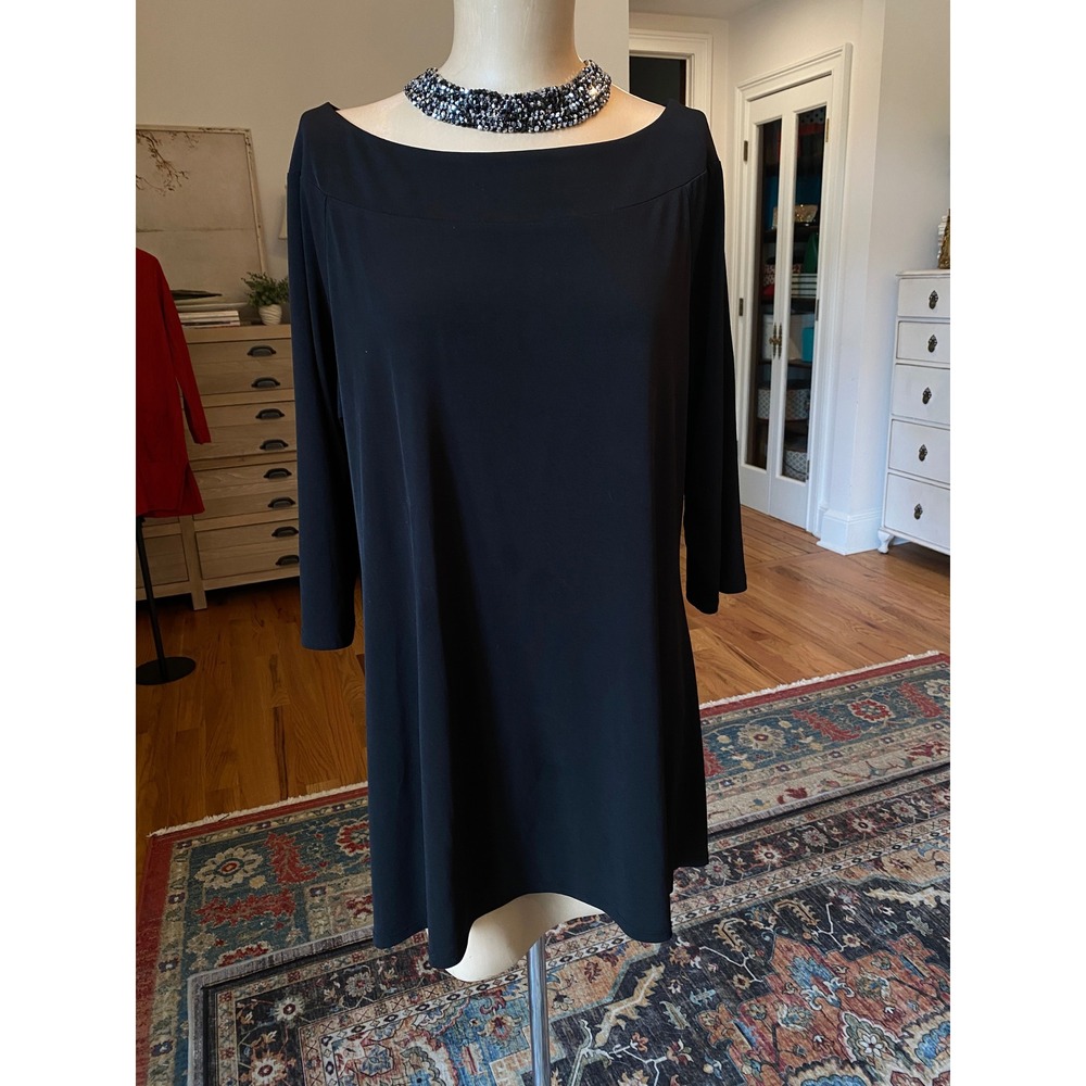 Chico's Black Boat Neck Tunic Top 3/4 Sleeve‎ Side Slit Minimalist Jersey Blouse